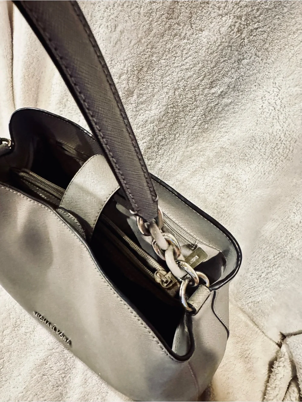 Michael Kors Light Gray Saffiano Leather Shoulder Bag with‎ Strap